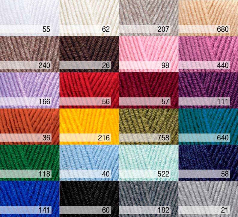 May include: A color palette of yarn skeins in various shades, including white, beige, brown, pink, purple, red, orange, yellow, green, blue, and gray. Each color is labeled with a number. Ideal for knitting and crochet projects.