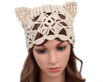 Crochet Cat Ear Hat Beige - Floral Lace Mesh 100% Cotton Beanie, Festival Summer Hood