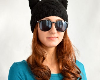Black Cat Hat, Knit Cat Ear Hat or Cat Beanie, Womens Cat Hat or Mens Cat Hat