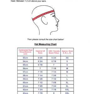 May include: Diagram illustrating how to measure head circumference for hat sizing, with a chart showing measurements in centimeters, Imperial UK sizes, USA/Canada sizes, and approximate sizes (S, M, L, XL). The text reads "How to measure your head."