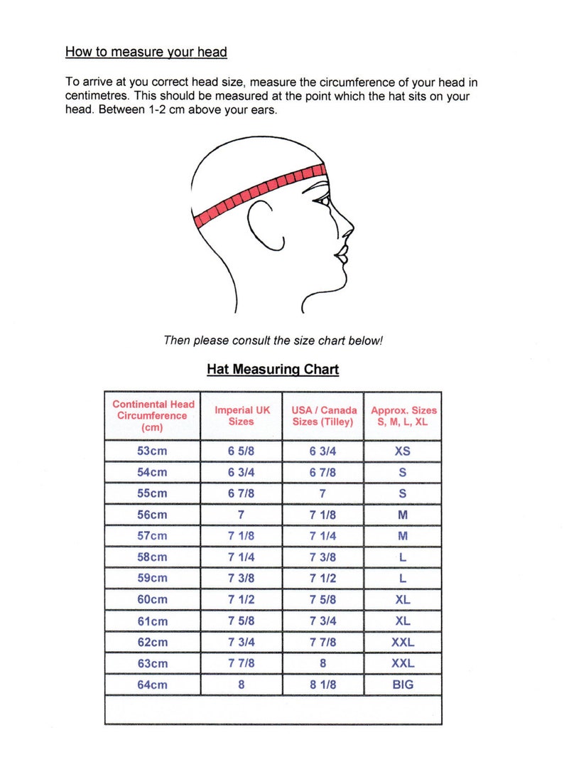May include: Diagram illustrating how to measure head circumference for hat sizing, with a chart showing measurements in centimeters, Imperial UK sizes, USA/Canada sizes, and approximate sizes (S, M, L, XL). The text reads "How to measure your head."
