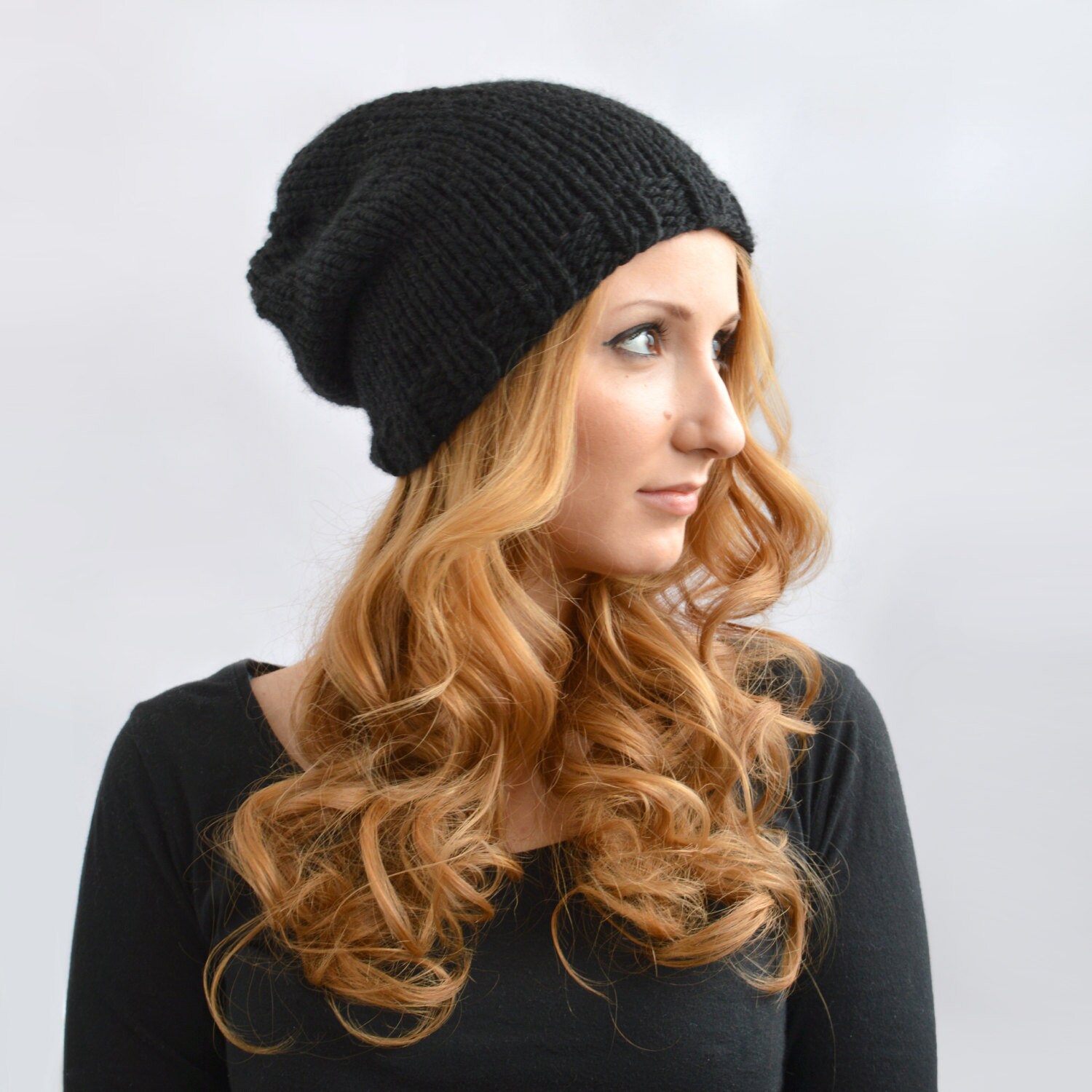 Hand Knit Beanie Black Hat Womens Beanies Slouchy Beanie Etsy