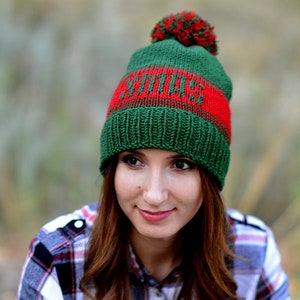 Red Green Xmas Personalized Beanie Christmas Day Custom Pom Hat Merry Christmas Custom Beanie Happy Christmas Name Hat Custom Winter Hat
