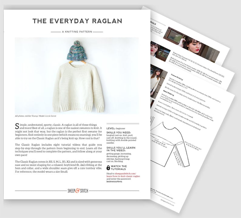 Op de afbeelding: Een breipatroon voor een witte raglantrui met een kleurrijke muts. Het patroon bevat instructies voor de maten XS, S, M, L, X1 en X2. Het patroon heet "The Everyday Raglan".