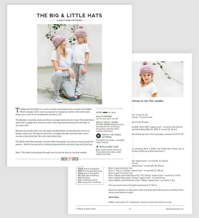 May include: A knitting pattern for a big and little hat. The pattern includes instructions for knitting a hat for an adult, a toddler, and a baby. The pattern also includes a video tutorial.
