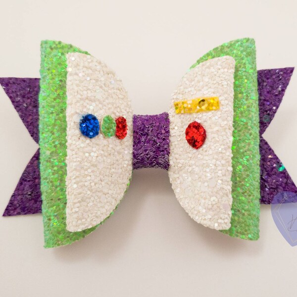 Buzz Lightyear inspired bow from Disney's Toy Story. Girls Chunky Glitter Hair Bow, Disneyland Trip. Family Vacation Accessories