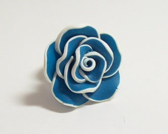 Polymer Clay Rose Ring, Teal with White Accent