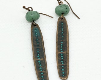 Earrings, Patina Copper, Dotted Drop, Polymer Clay, Rustic Earrings
