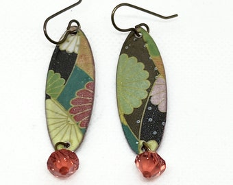 Earring, Enamel, Deco Decal, Enameled Earrings with Crystal Drop