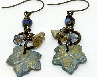 Earrings, Natural Brass, Polymer Clay Charm, Czech Glass, Copper Leaf