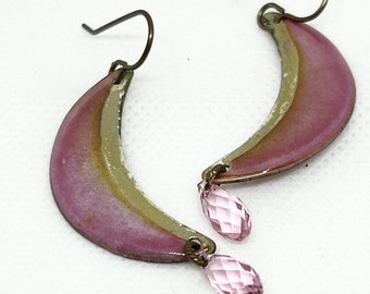 Earring, Enamel, Silvered Crescent, Enameled Earrings with Crystal Drop, Pink