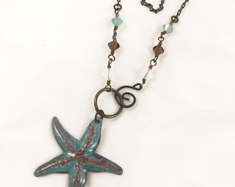 Necklace, Enamel, Natural Brass, Swarovski Crystal, Starfish