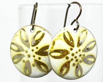 Earring, Enamel, Silvered Flower, Enameled Earrings