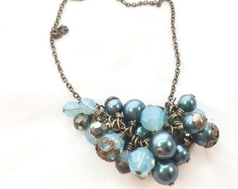 Necklace, Cluster, Swarovski Crystal and Pearl, Vintaj Natural Brass, Iridescent Tahitian Pearl