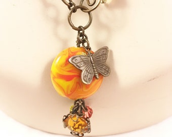Necklace, Lampwork Lentil Bead, Natural Brass, Autumn Day