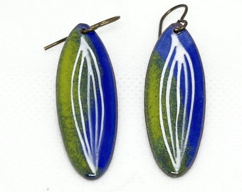 Earring, Enamel, Abstract Leaf, Green and Blue, Enameled Earrings