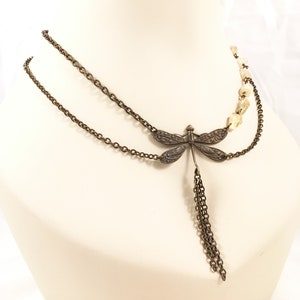Necklace, Citrine, Natural Brass, Art Deco Dragonfly
