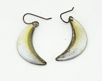 Earring, Enamel, Silvered Crescent, Enameled Earrings, White