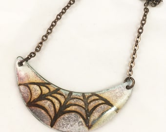 Necklace, Enamel, Natural Brass, Silvered Spiderweb