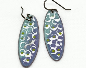 Earring, Enamel, Abstract Dots, Green and Purple, Enameled Earrings
