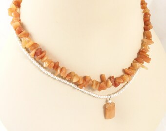 Necklace, Gemstone, Red Agate Chips, Seed Pearls