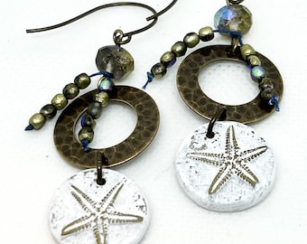 Earrings, Natural Brass, Polymer Clay Charm,  Czech Glass, Starfish-Blue