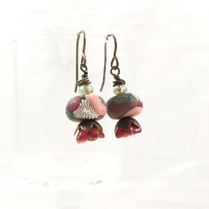 Earrings, Polymer Clay and Czech Glass Bead Earrings, Floral, Pink Earrings