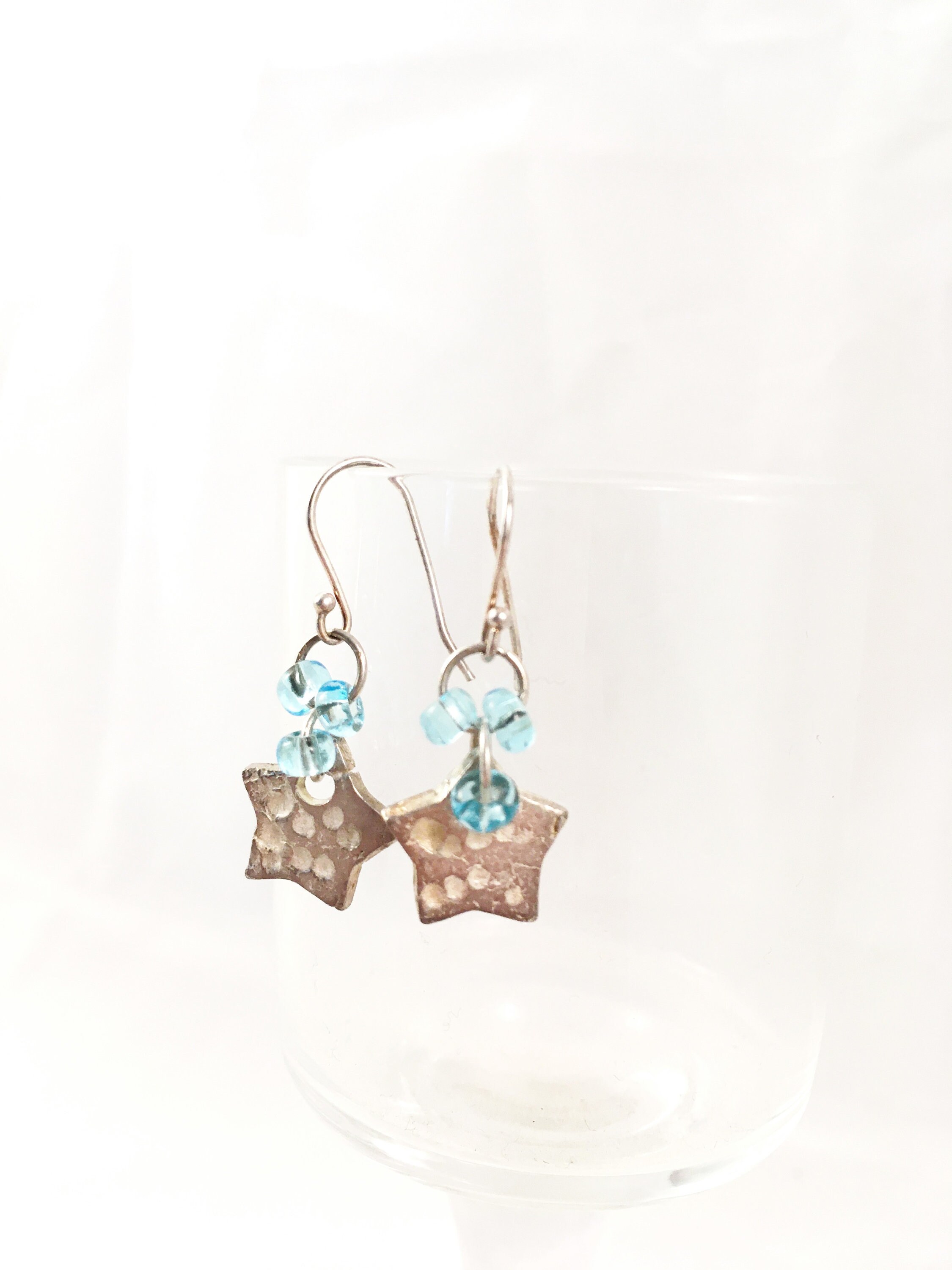 Earrings Blue Accent Dot Texture Fine Silver Star
