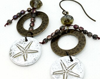 Earrings, Natural Brass, Polymer Clay Charm, Czech Glass, Starfish-Red