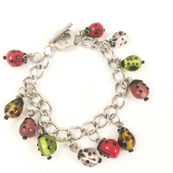 Bracelet, Charm Bracelet, Lampwork Beads, Ladybugs