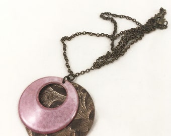 Necklace, Enamel, Natural Brass, Raspberry Donut