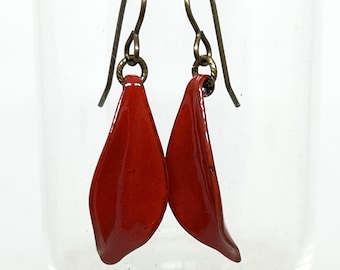 Earrings, Enamel, Petals, Red, Enameled Earrings