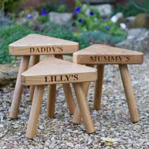 The Fine Wooden Articles Childs Solid Oak Personalised Engraved Milking Stool image 2