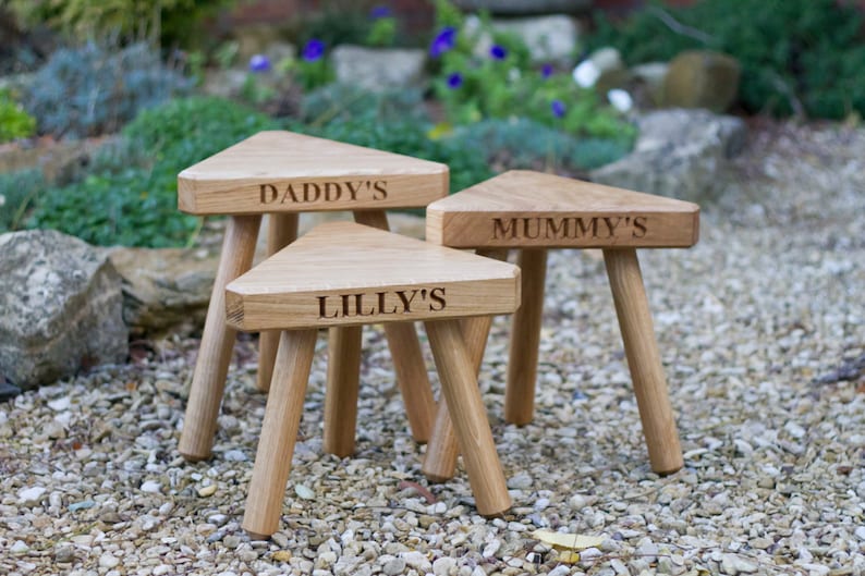 The Fine Wooden Articles Childs Solid Oak Personalised Engraved Milking Stool image 2