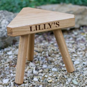 The Fine Wooden Articles Childs Solid Oak Personalised Engraved Milking Stool image 1