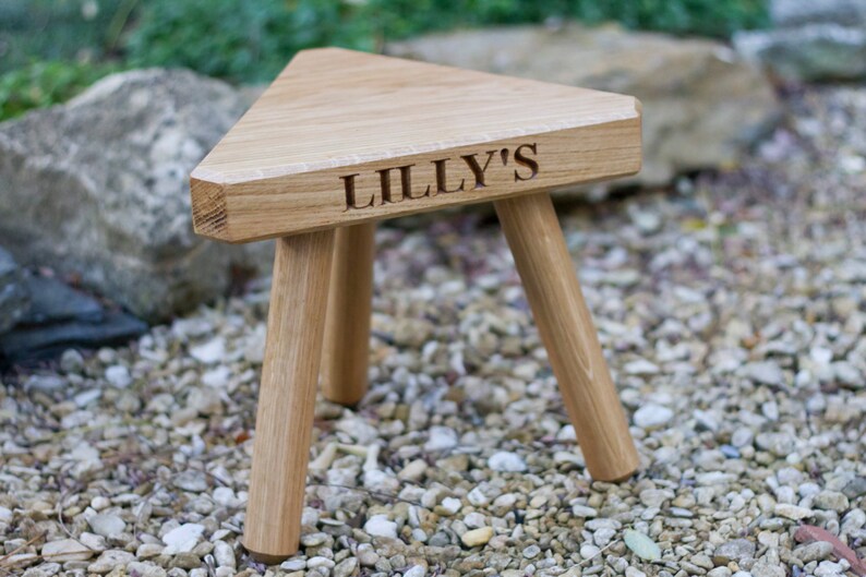 The Fine Wooden Articles Childs Solid Oak Personalised Engraved Milking Stool image 1