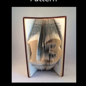 Può includere: Un libro piegato a forma del numero 13. Il libro è aperto e le pagine sono piegate per creare la forma. Il libro è marrone con una rilegatura rossa. Il testo "The Gift Library" è stampato sulla rilegatura.