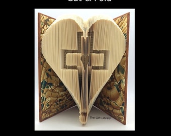 Cut & Fold Book Folding PATTERN~ Cross Heart 3,   Baptism, Christening, Mark, measure cut and fold