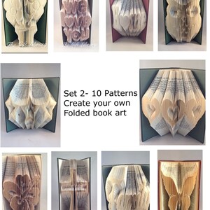 May include: Set of 10 book folding patterns for creating your own folded book art. The patterns include designs like a heart, a cross, an owl, and the words "We Love You".