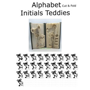 May include: A set of 26 alphabet letter templates for creating papercraft teddy bears. Each letter is shown with a black and white illustration of a teddy bear holding a sign with the letter on it.