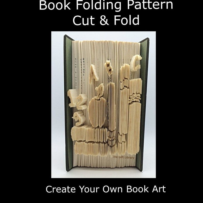 Folded Book Art Pattern -ABC Bookshelf Teacher Pattern to create your own folded book art-Book Folding pattern, Mark measure cut and fold image 1