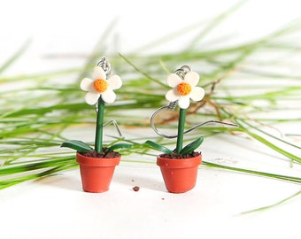 Marguerite en pot, fleur - boucle d'oreille