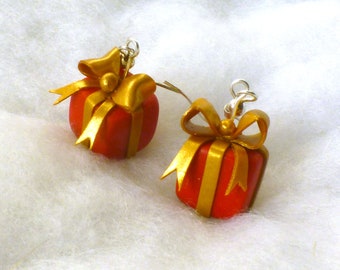 Christmas gift with ribbon, red and gold - earring