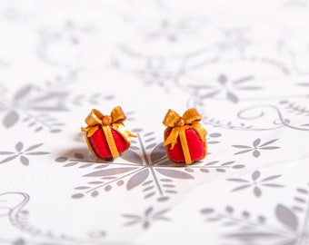 Cadeau de Noël avec ruban, rouge et or - puce boucle d'oreille