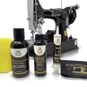 May include: A set of sewing machine care products including a bottle of restoration polish, a bottle of vintage sewing machine oil, a tube of gear and motor lubricant, a yellow cleaning sponge, and a black microfiber cloth with the text "Sew Serious".