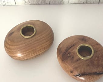 Hand-Turned Walnut Pebble Candle Holders with Brass Inset | Minimalist Wooden Bud Vase | Zen Home Decor set of 2