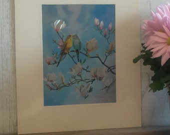 Iridescent Parakeets Parrots in Magnolia Tree signed by L. Osborne