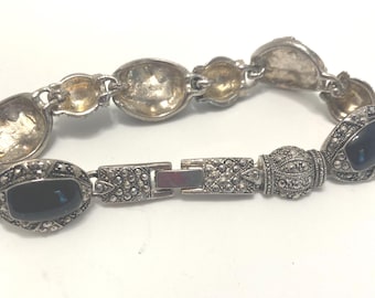 天然ブラックオニキスとマーカサイトの宝石ブレスレット、スターリング