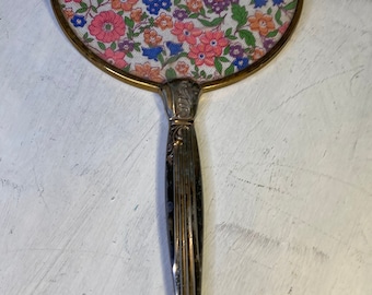 Brass/Silver Tone Art Deco Pink Blue Hand Mirror