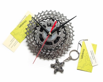 Bicycle Parts Wall Clock + Bicycle Chain Keychain, Christmas Gift Bundle, Gift for Cyclist Boyfriend, Husband, Wife or Girlfriend